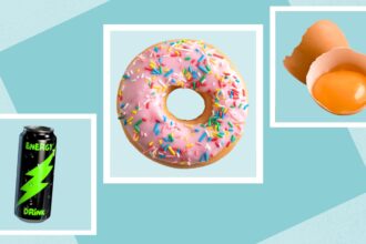 energy drinks, donuts, raw eggs
