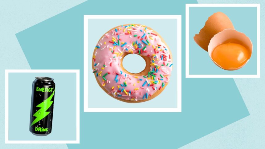 energy drinks, donuts, raw eggs