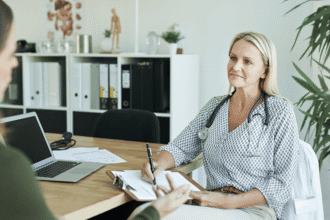Female health professional in office talking to client