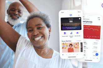 Screen shots of GroAus phone app against a background of two patients looking exercising