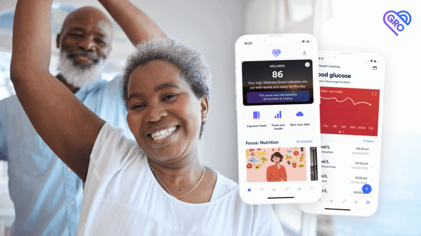 Screen shots of GroAus phone app against a background of two patients looking exercising