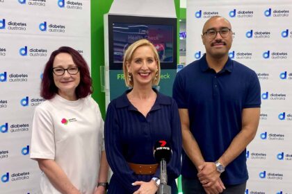 Priceline Pharmacy National Pharmacy Support Manager, Mel Gannon, Diabetes Australia Group CEO Justine Cain, and Lee Chinprahust, 34, who was diagnosed with type 2 diabetes at 29.