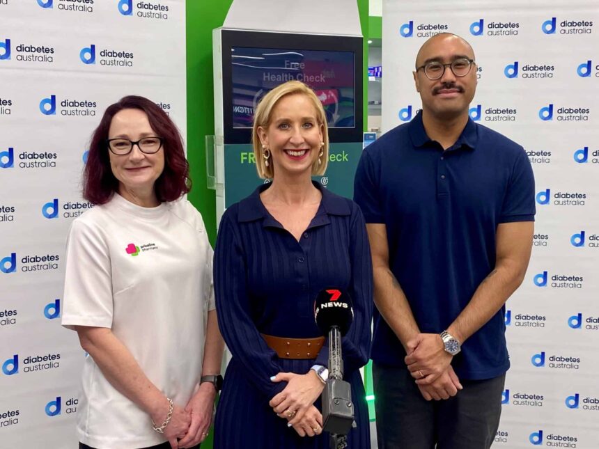 Priceline Pharmacy National Pharmacy Support Manager, Mel Gannon, Diabetes Australia Group CEO Justine Cain, and Lee Chinprahust, 34, who was diagnosed with type 2 diabetes at 29.