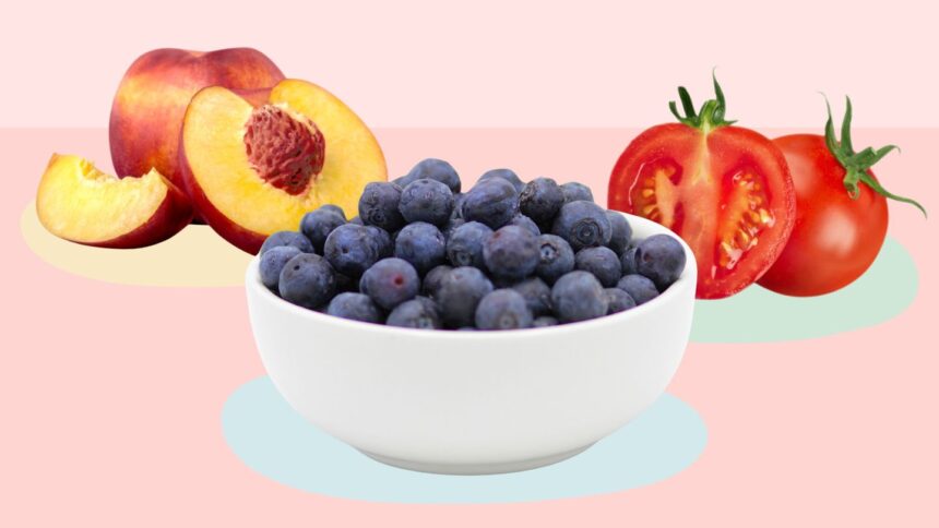 peaches, blueberries, tomatoes