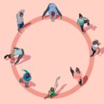 group of people working out exercising stretching in a circle from above