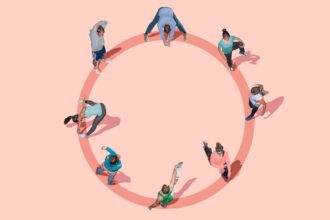 group of people working out exercising stretching in a circle from above